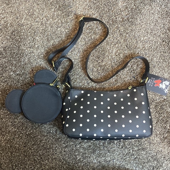 Disney Minnie Mouse Crossbody Shoulder Bag & Wallet Black Polka Dot w/ Pink NWT - Picture 5 of 8